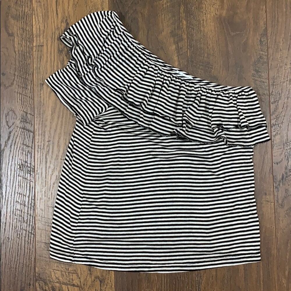 Splendid Striped Ruffle Black One Shoulder Top - Picture 3 of 6